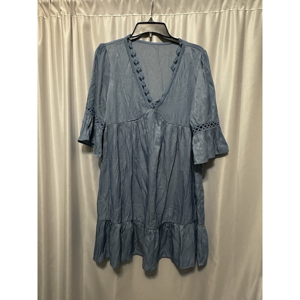 Cupshe Dress Womens Size M Blue Pullover V-neck Pleated Ruffle Boho